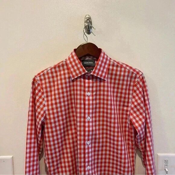 Bonobos wrinkle free tailored slim fit button down Shirt in red plaid mens 15/34 - Picture 2 of 8